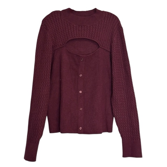 Design History XXL Sweater Cutout Cardigan Sangria Purple Cable Knit L/S NWT - Picture 2 of 9